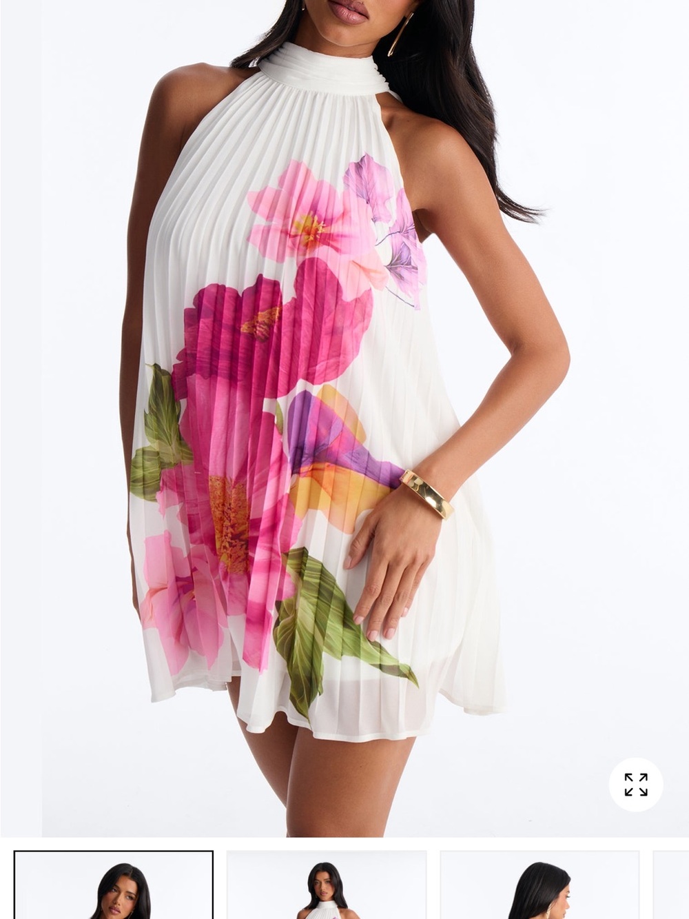 Fashion Nova White Halter Mini Dress with Pink Floral Print